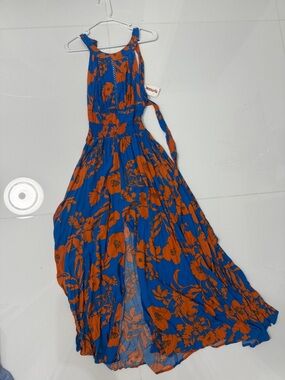 Sleeveless Blue Maxi Dress with Orange Floral Print